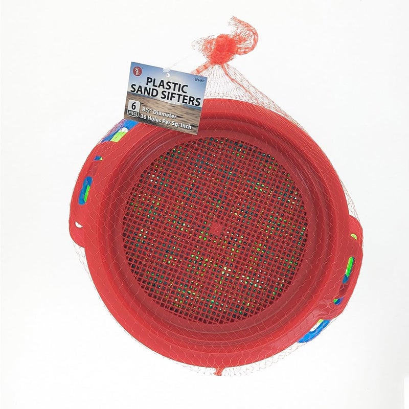 SE 6-Piece Set of 8.5" Plastic Sand Sifting Pans in a Mesh Bag, with 36 Holes Per Inch, in Red, Blue, and Green Colors - Image 2